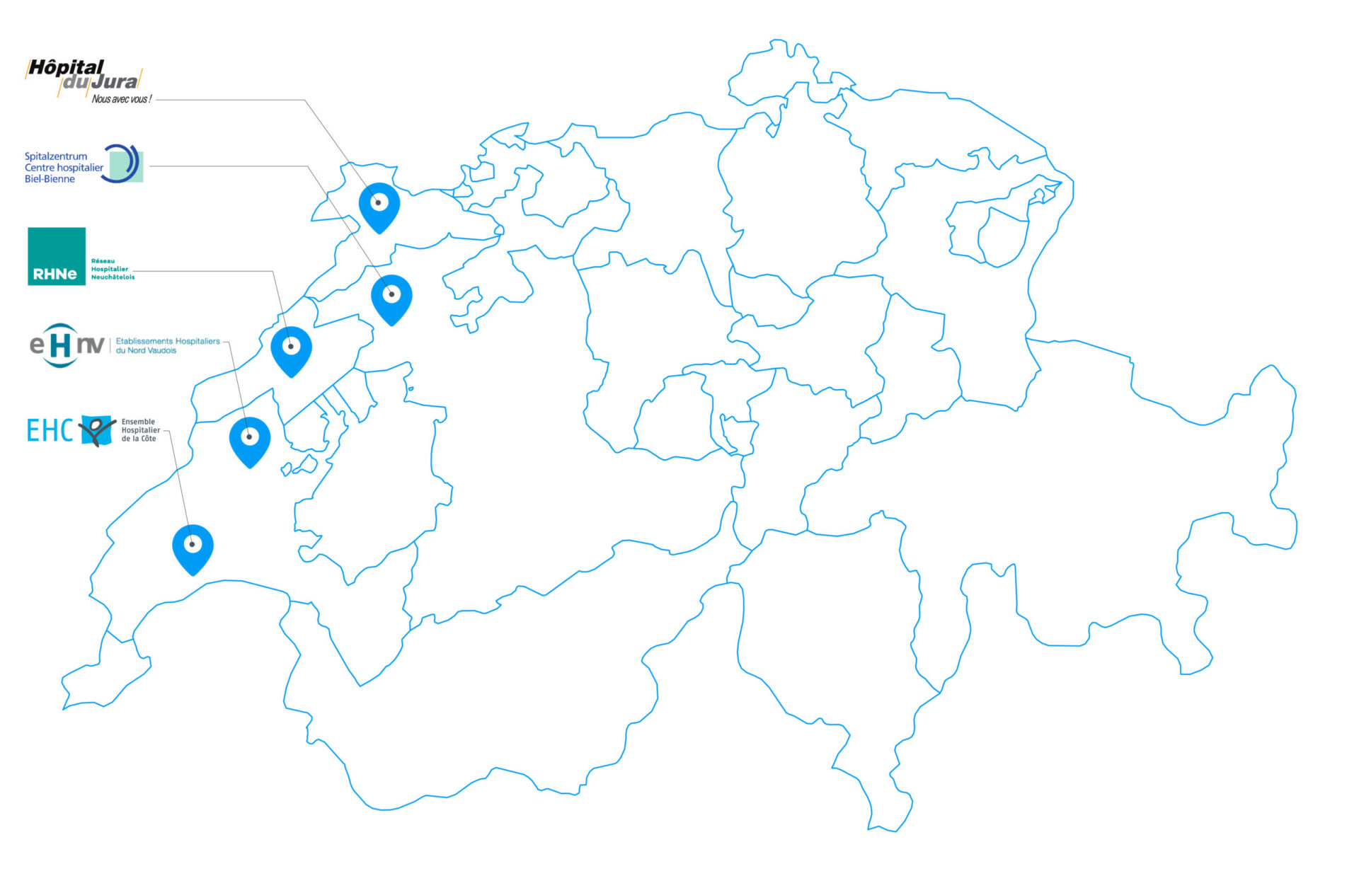 Carte illustrant la localisation des 5 hôpitaux cantonaux faisant partie de l'alliance du Réseau bleu